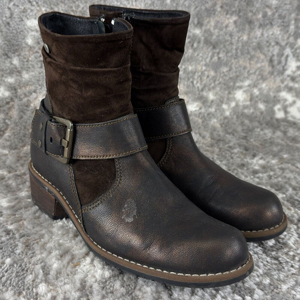 Wolky Size 36/5.5 Suede Metallic Leather Ankle Boots Brown Buckle Zip Block Heel